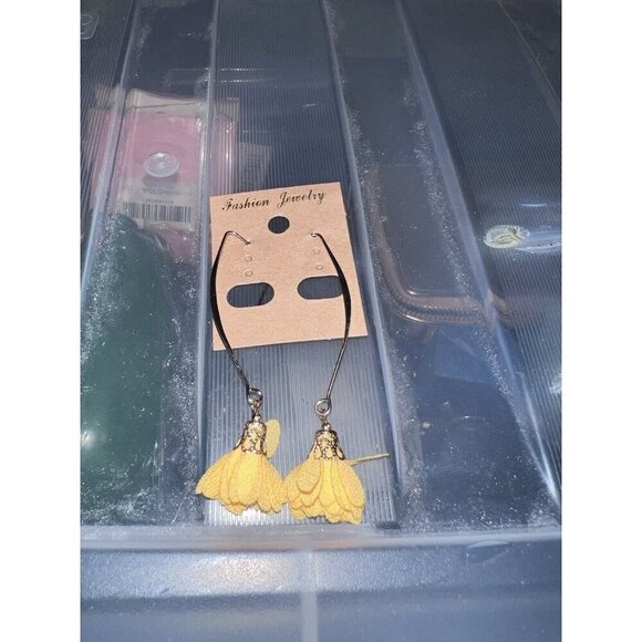 Dainty Yellow Cloth Flower Dangle Goldtone Fancy Earwire Earrings - Picture 10 of 11